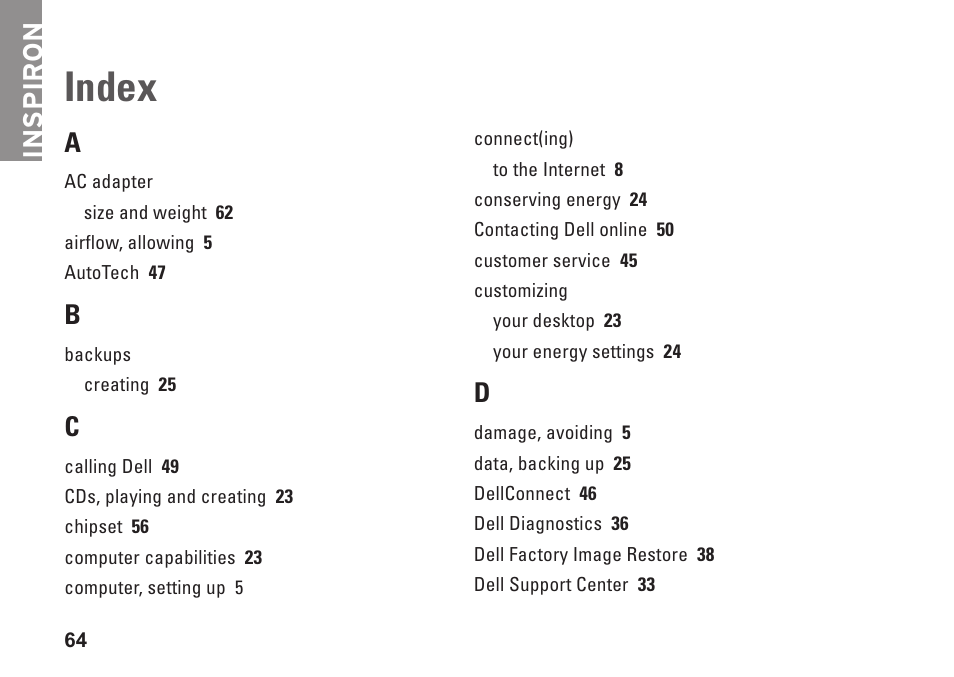 Index, Inspiron | Dell Inspiron 1525 (Late 2007) User Manual | Page 66 / 80