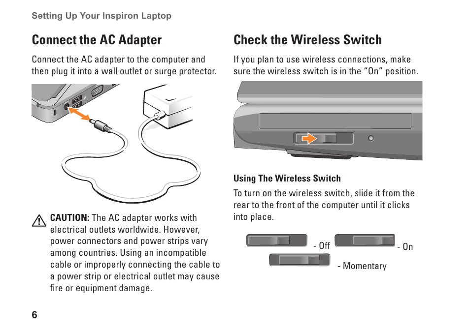 Connect the ac adapter, Check the wireless switch, Connect the ac adapter check the wireless switch | Dell Inspiron 1525 (Late 2007) User Manual | Page 8 / 80