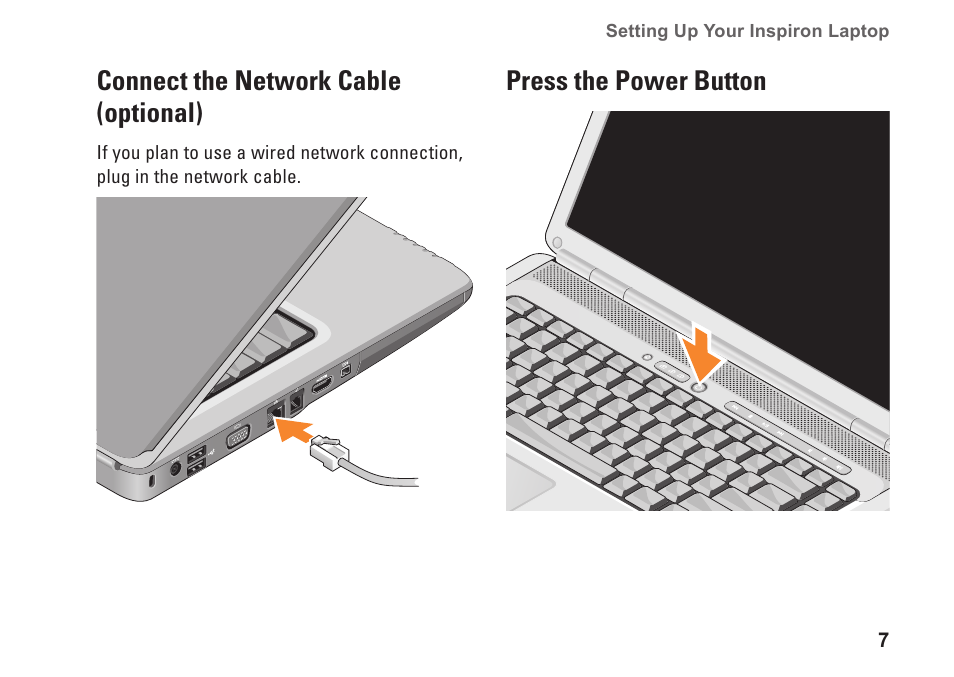 Connect the network cable (optional), Press the power button | Dell Inspiron 1525 (Late 2007) User Manual | Page 9 / 80