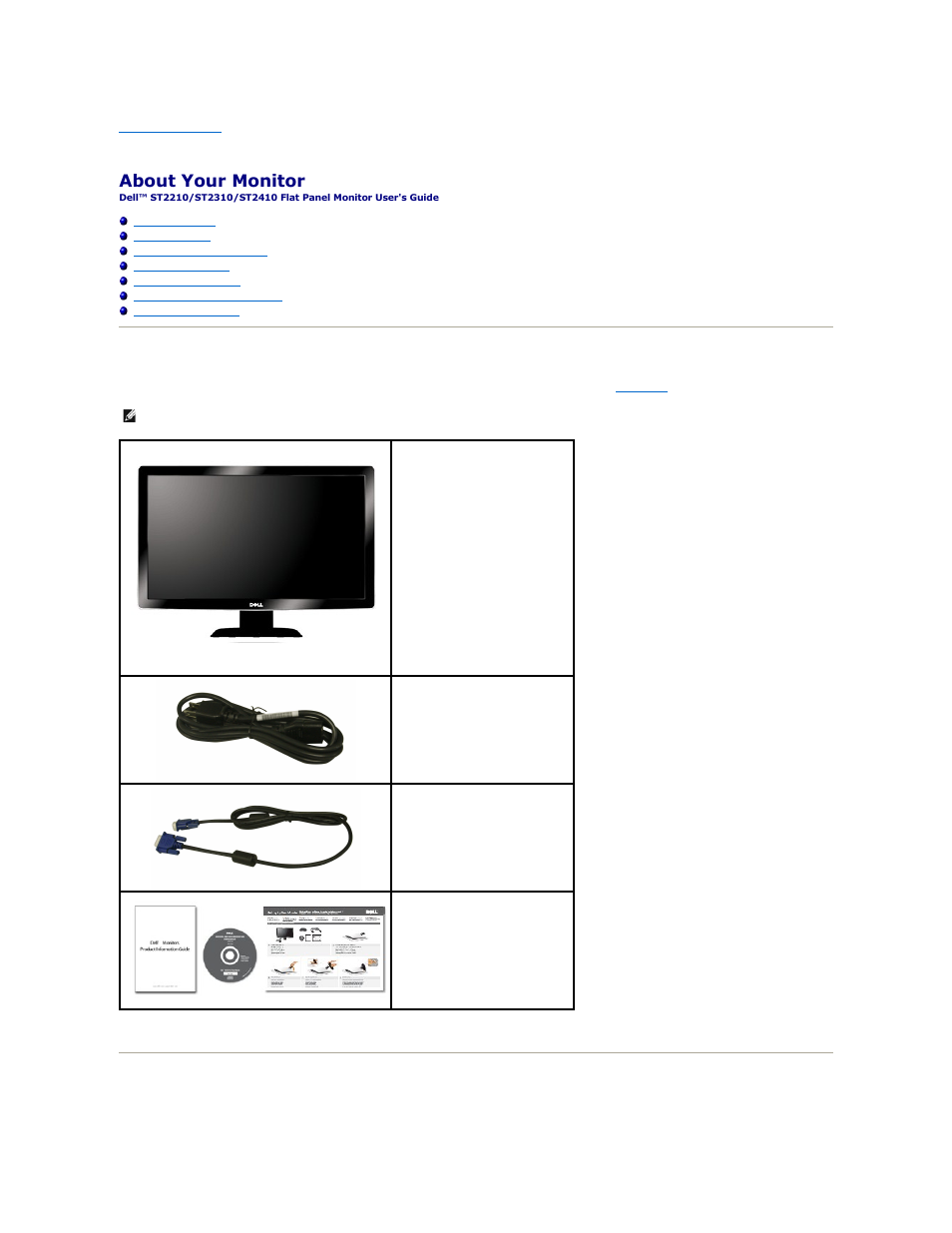 About your monitor, Package contents, Product features | Dell ST2410 Monitor User Manual | Page 2 / 33