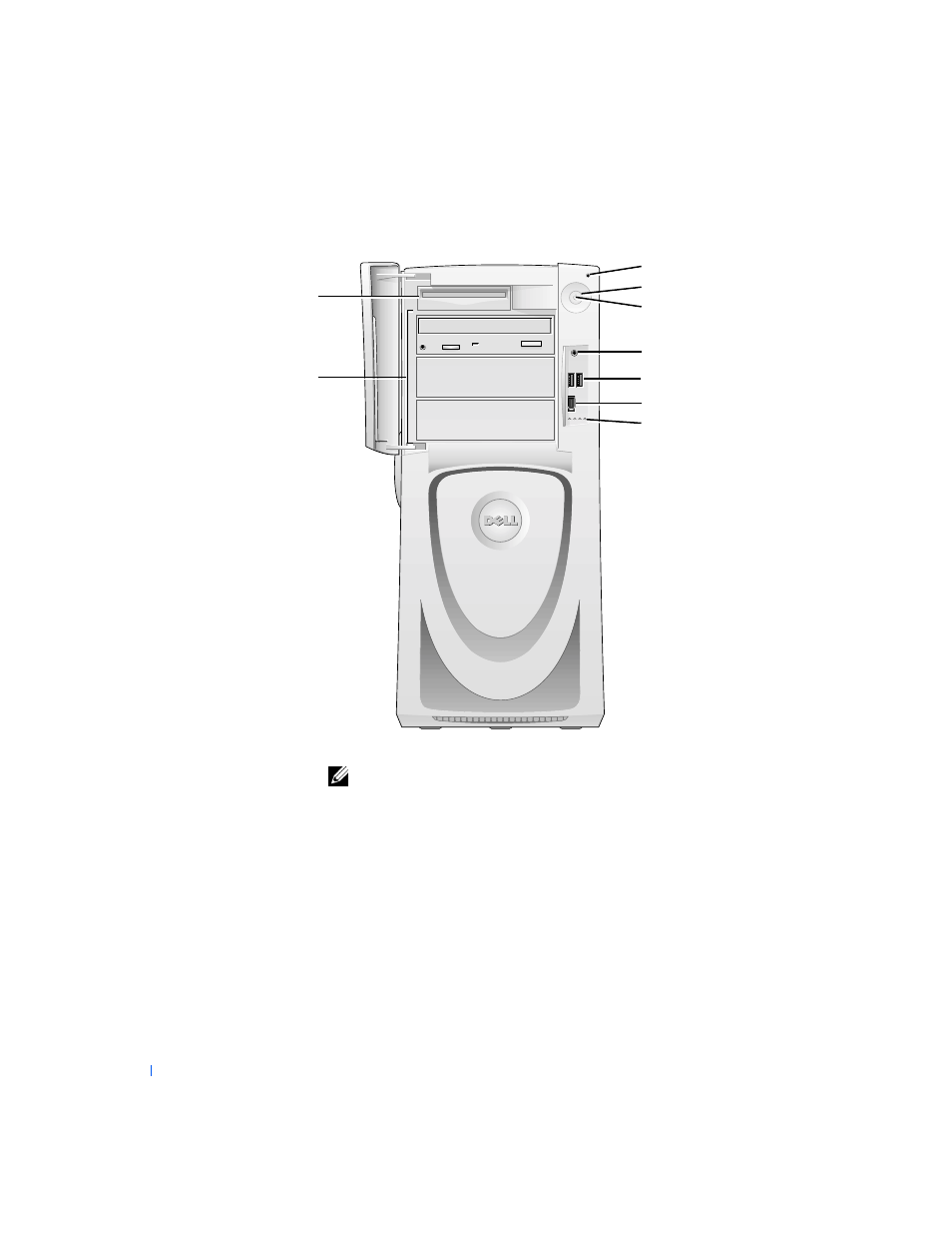 Front view of the computer (doors open) | Dell PRECISION 530 User Manual | Page 22 / 300