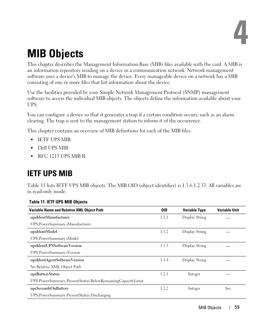 Mib objects, Ietf ups mib | Dell UPS 1920R User Manual | Page 59 / 88