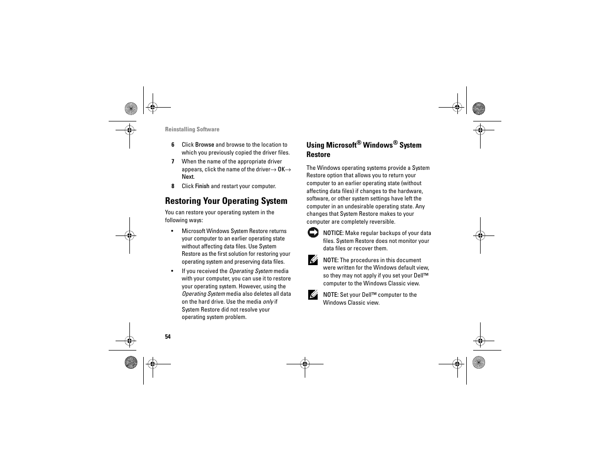 Restoring your operating system, Using microsoft® windows® system restore, Using microsoft | Dell Vostro A840 (Mid 2008) User Manual | Page 54 / 76