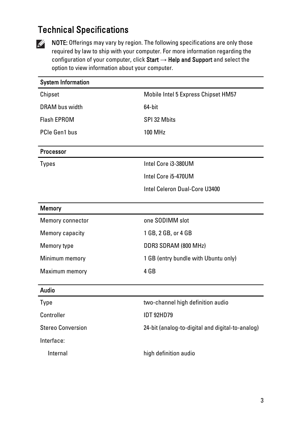 Technical specifications | Dell Vostro V130 (Late 2010) User Manual | Page 3 / 8