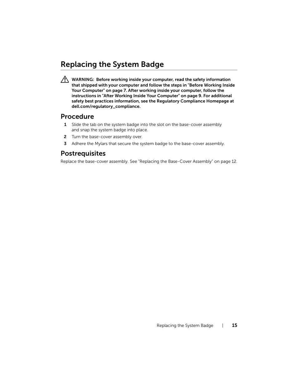 Replacing the system badge, Procedure, Postrequisites | Dell XPS 15 (9530, Late 2013) User Manual | Page 15 / 63