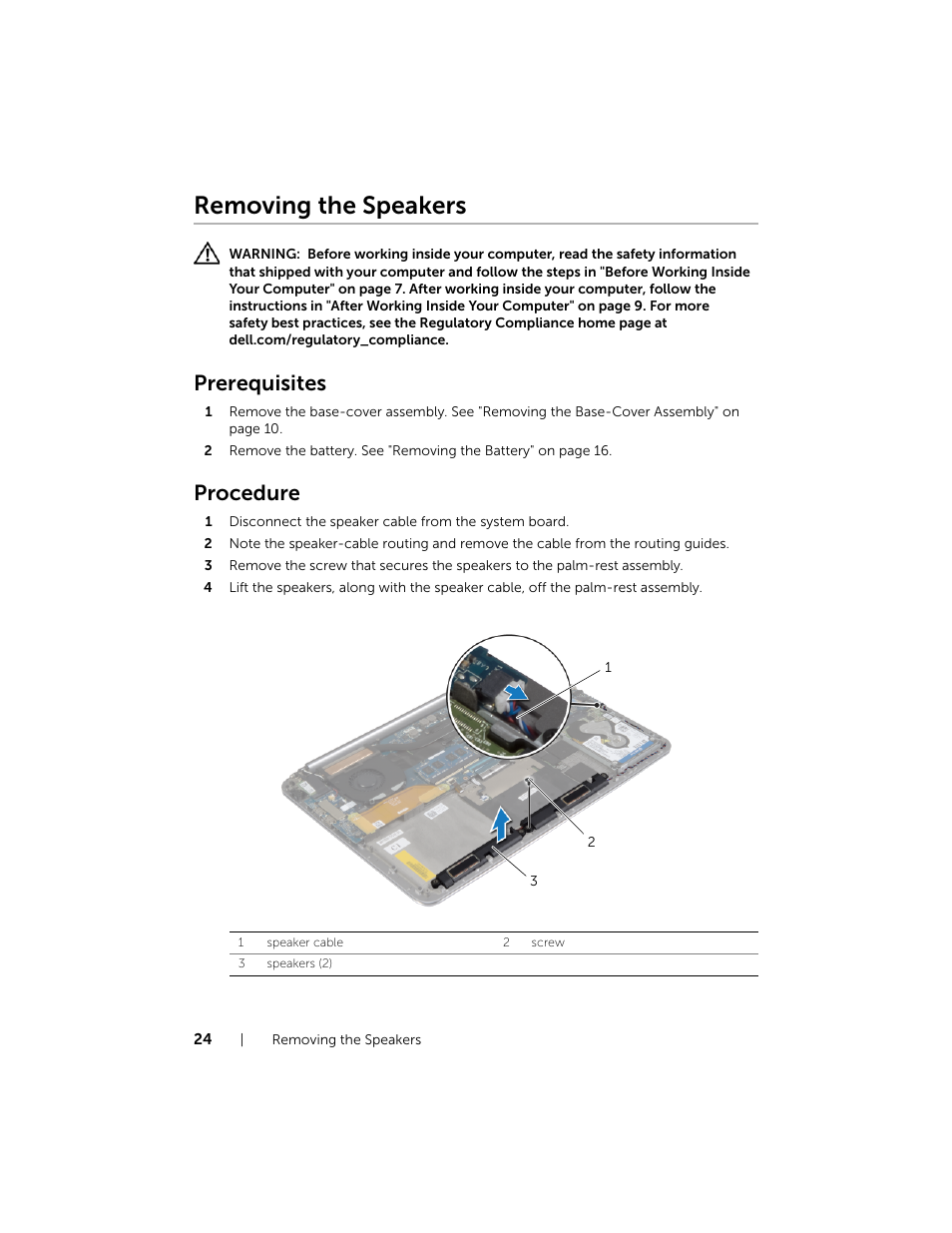 Removing the speakers, Prerequisites, Procedure | Dell XPS 15 (9530, Late 2013) User Manual | Page 24 / 63