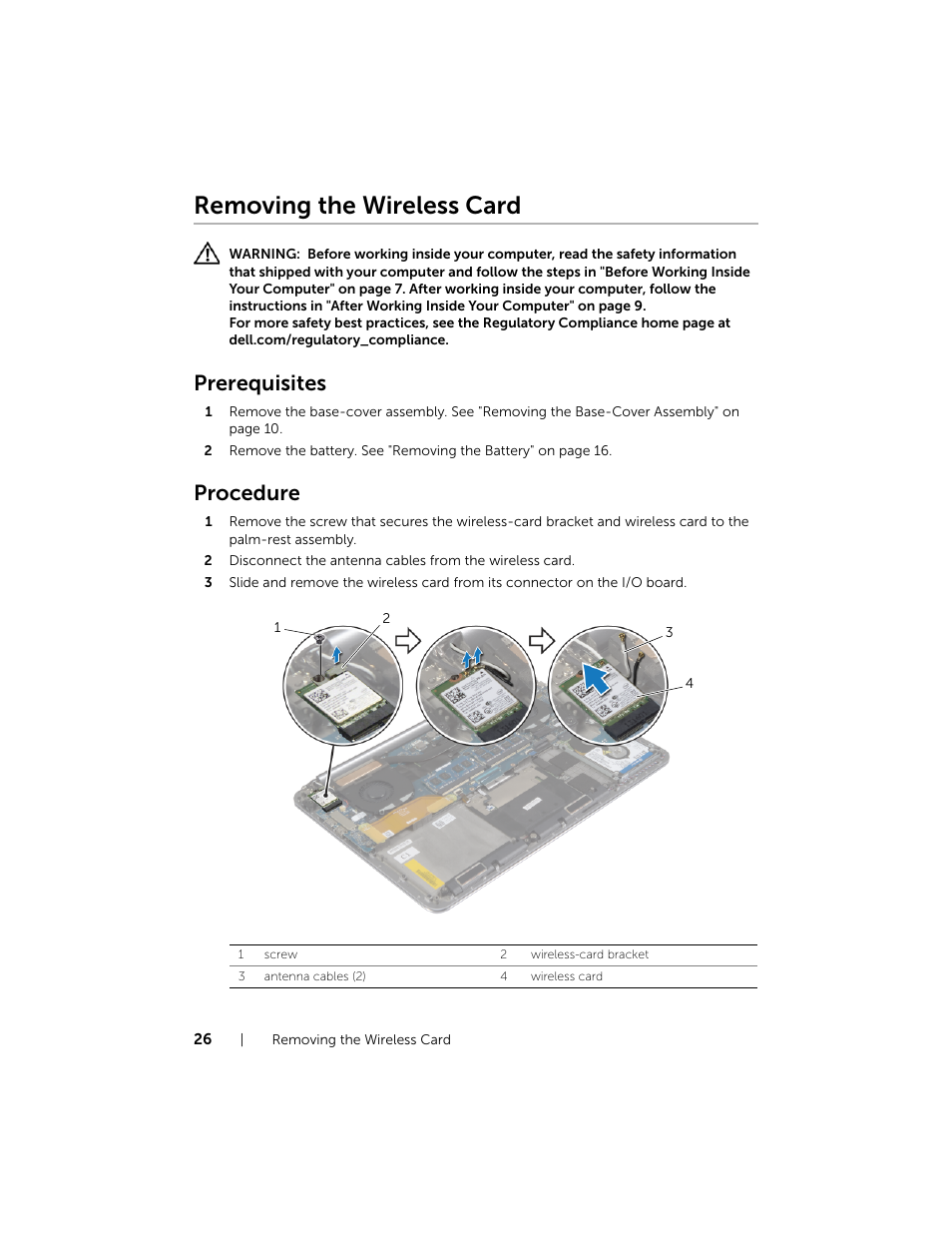 Removing the wireless card, Prerequisites, Procedure | Dell XPS 15 (9530, Late 2013) User Manual | Page 26 / 63