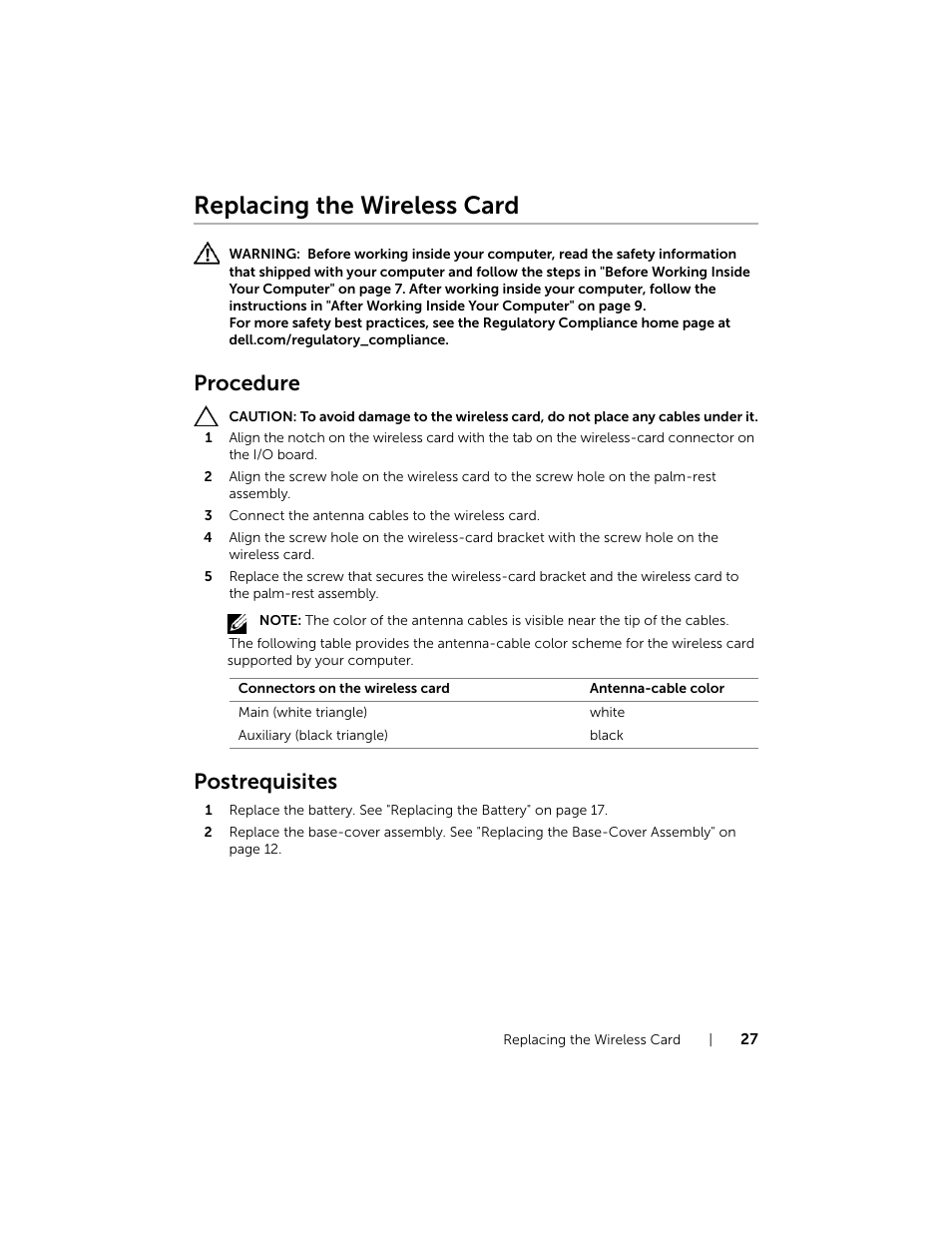 Replacing the wireless card, Procedure, Postrequisites | Dell XPS 15 (9530, Late 2013) User Manual | Page 27 / 63