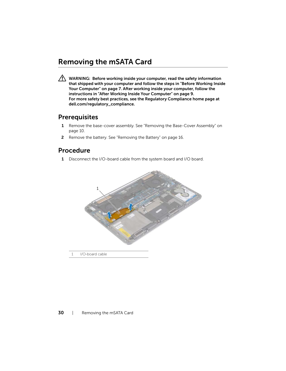 Removing the msata card, Prerequisites, Procedure | Dell XPS 15 (9530, Late 2013) User Manual | Page 30 / 63