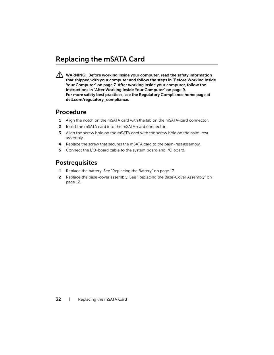 Replacing the msata card, Procedure, Postrequisites | Dell XPS 15 (9530, Late 2013) User Manual | Page 32 / 63