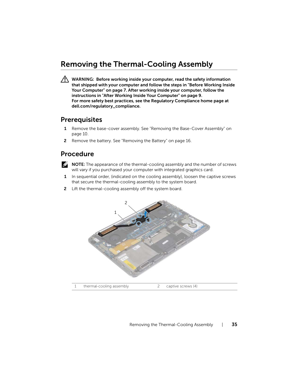 Removing the thermal-cooling assembly, Prerequisites, Procedure | Dell XPS 15 (9530, Late 2013) User Manual | Page 35 / 63