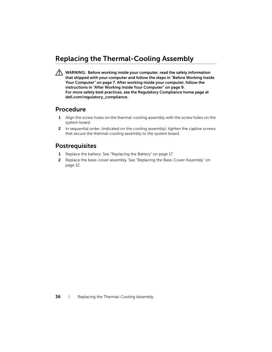 Replacing the thermal-cooling assembly, Procedure, Postrequisites | Dell XPS 15 (9530, Late 2013) User Manual | Page 36 / 63