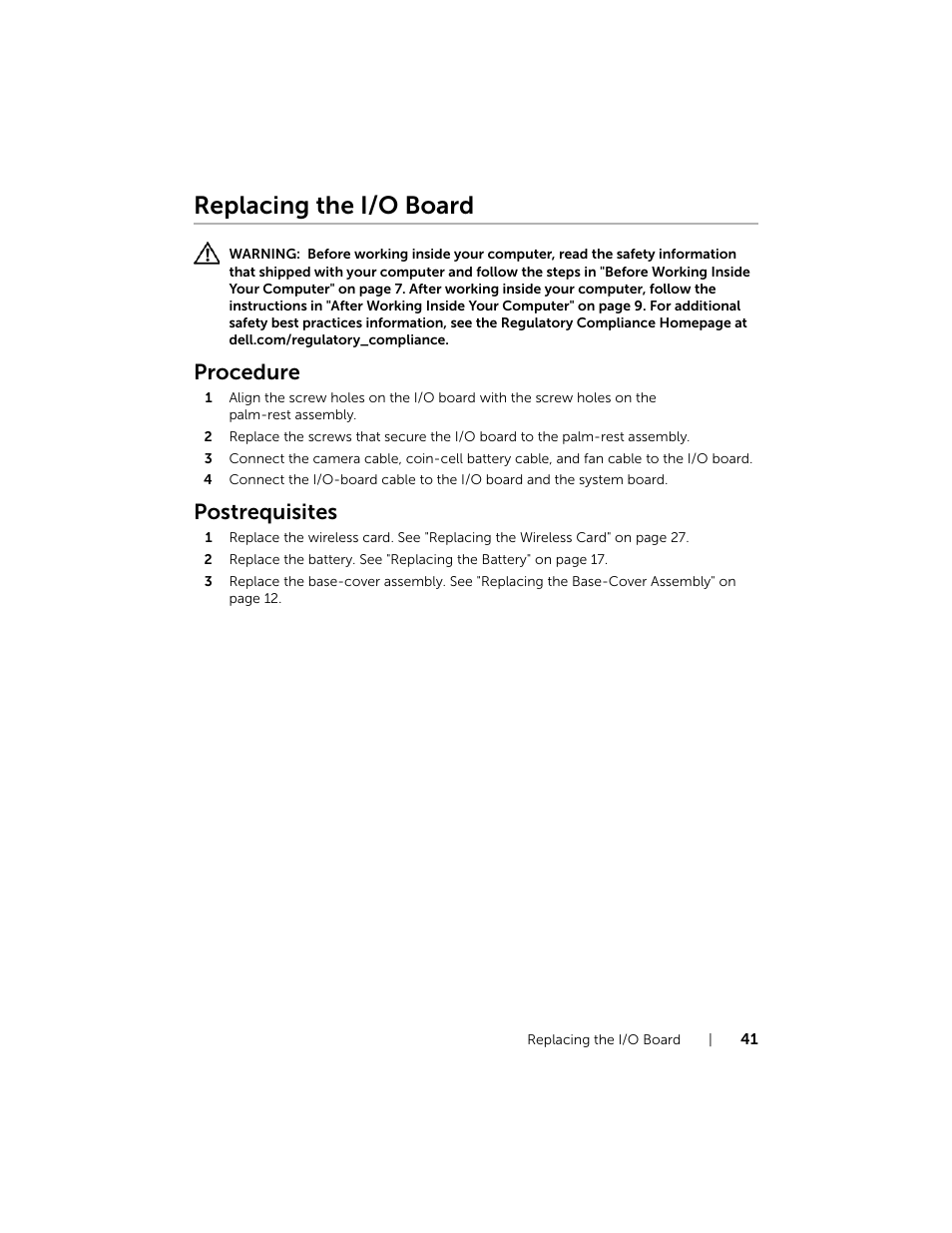 Replacing the i/o board, Procedure, Postrequisites | Dell XPS 15 (9530, Late 2013) User Manual | Page 41 / 63