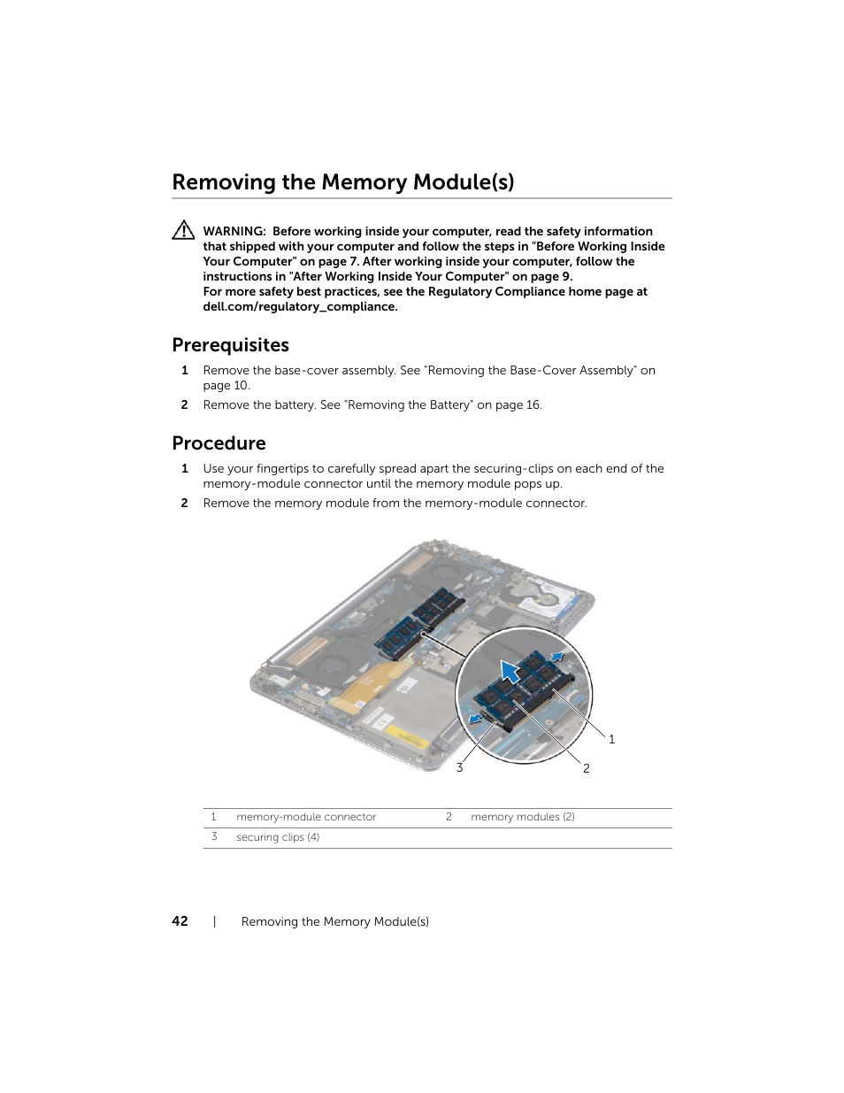 Removing the memory module(s), Prerequisites, Procedure | Dell XPS 15 (9530, Late 2013) User Manual | Page 42 / 63