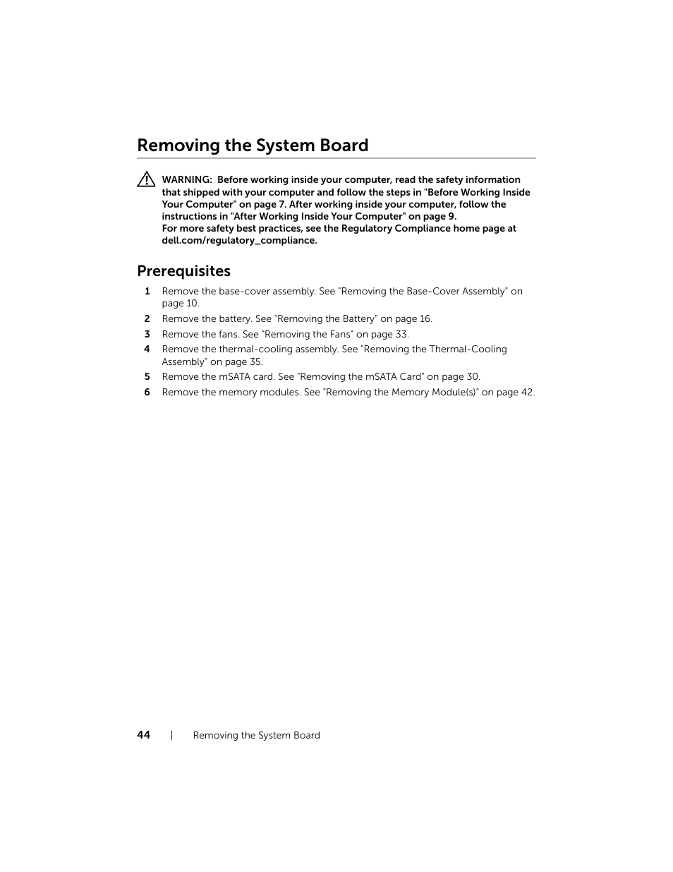 Removing the system board, Prerequisites | Dell XPS 15 (9530, Late 2013) User Manual | Page 44 / 63