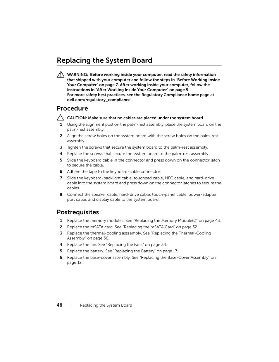 Replacing the system board, Procedure, Postrequisites | Dell XPS 15 (9530, Late 2013) User Manual | Page 48 / 63