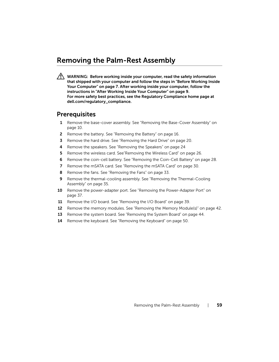 Removing the palm-rest assembly, Prerequisites | Dell XPS 15 (9530, Late 2013) User Manual | Page 59 / 63