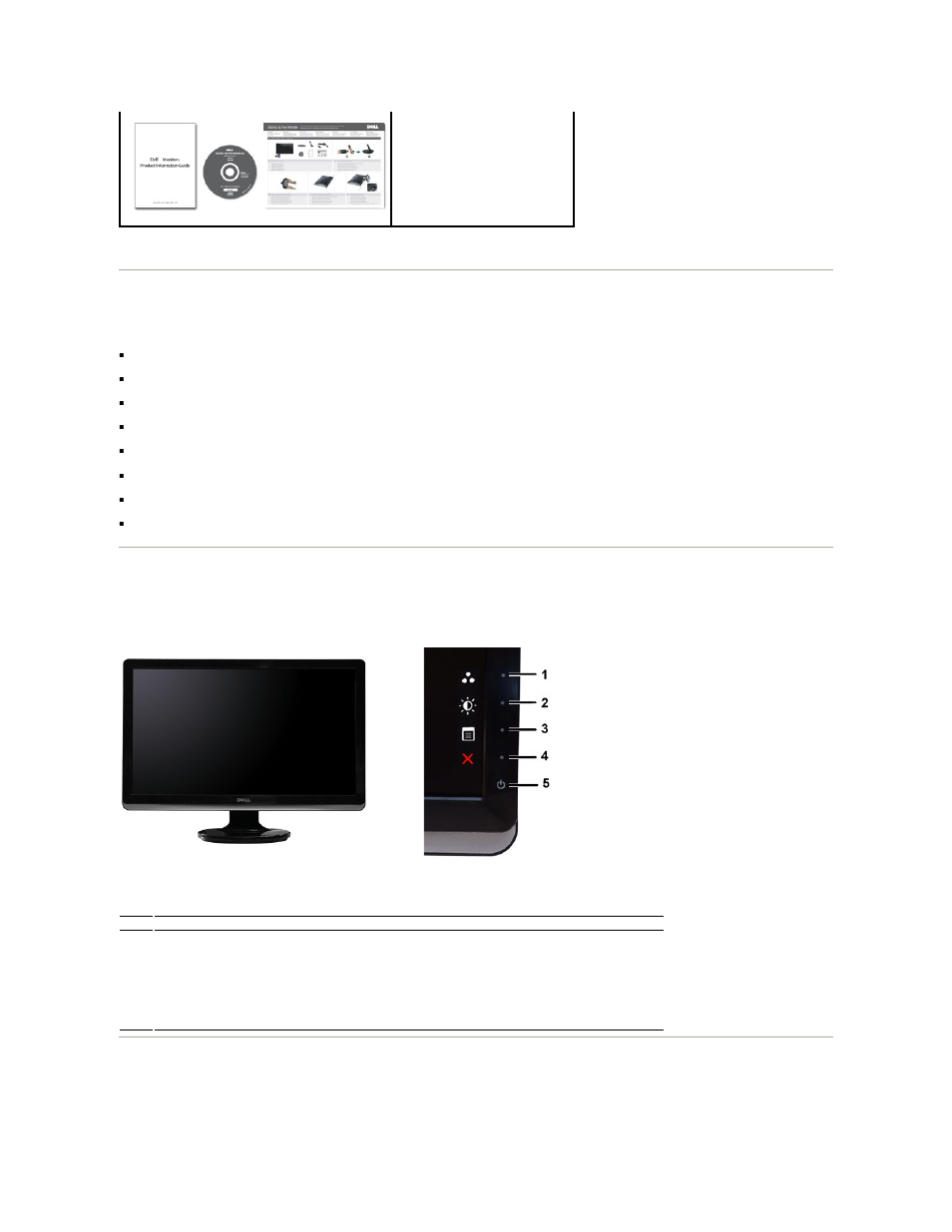 Product features, Identifying parts and controls, Identifying parts and features front view | Back view | Dell ST2220M Monitor User Manual | Page 3 / 33