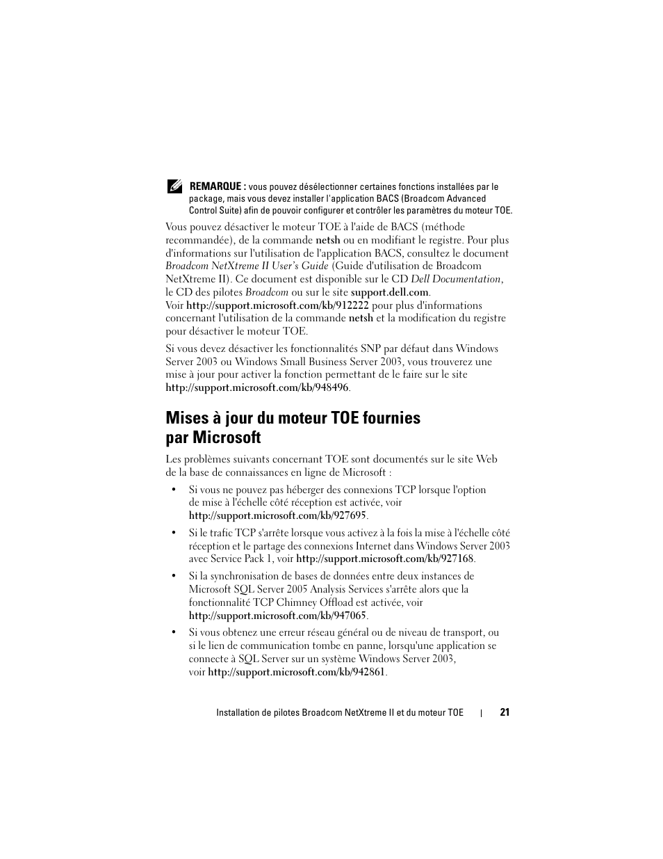Mises à jour du moteur toe fournies par microsoft | Dell Broadcom NetXtreme Family of Adapters User Manual | Page 23 / 58