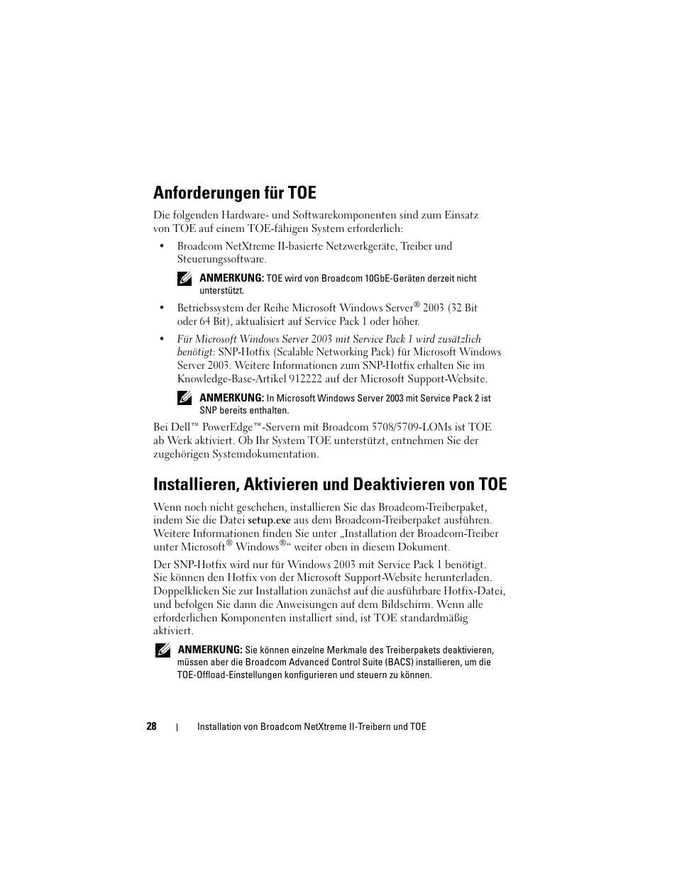 Anforderungen für toe, Installieren, aktivieren und deaktivieren von toe | Dell Broadcom NetXtreme Family of Adapters User Manual | Page 30 / 58