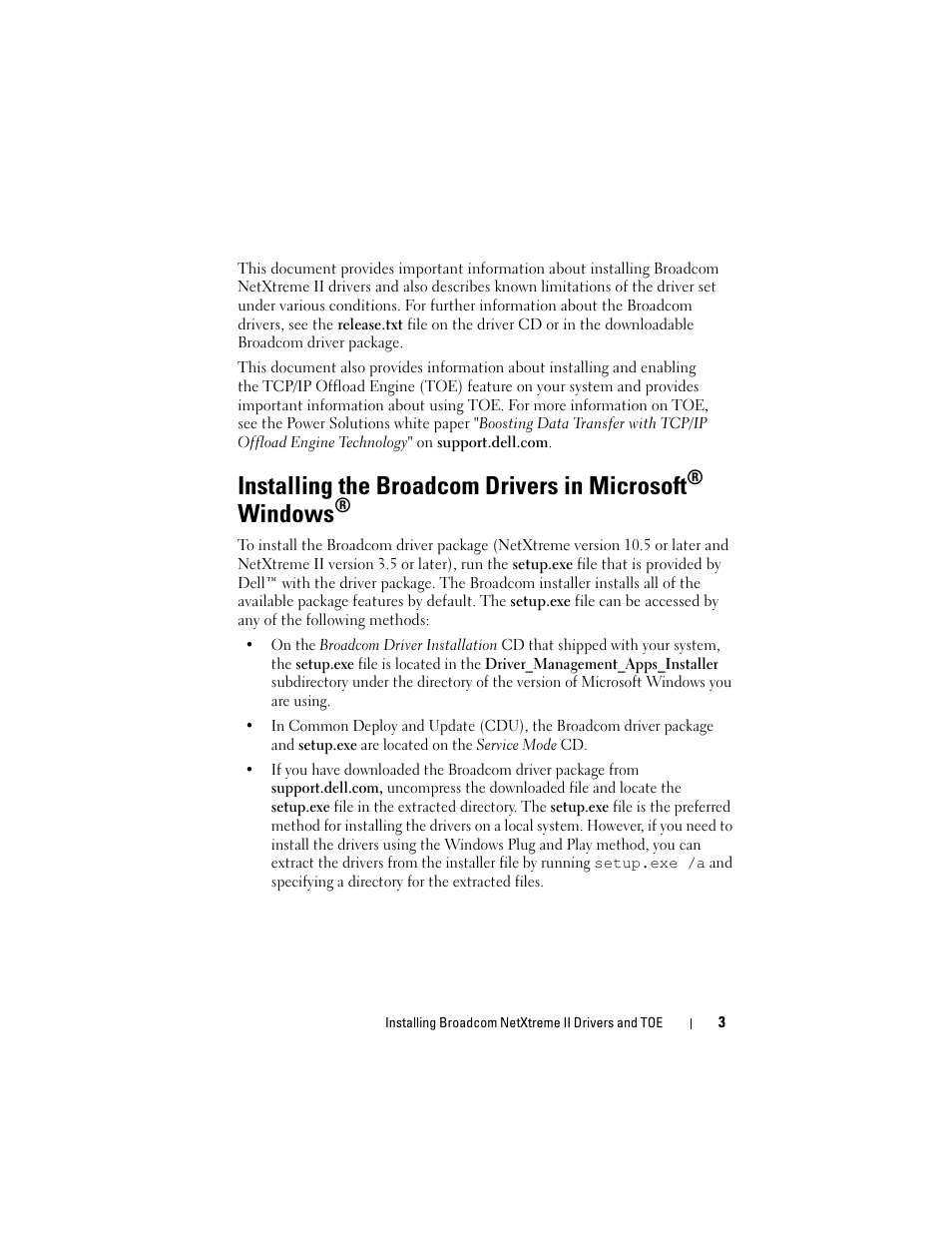 Installing the broadcom drivers in microsoft, Windows | Dell Broadcom NetXtreme Family of Adapters User Manual | Page 5 / 58