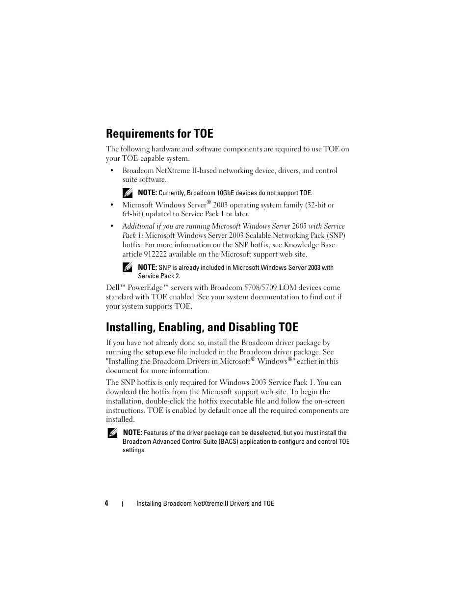 Requirements for toe, Installing, enabling, and disabling toe | Dell Broadcom NetXtreme Family of Adapters User Manual | Page 6 / 58