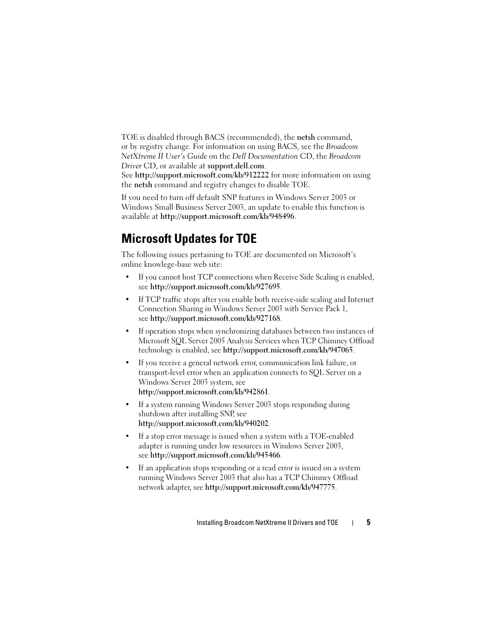 Microsoft updates for toe | Dell Broadcom NetXtreme Family of Adapters User Manual | Page 7 / 58