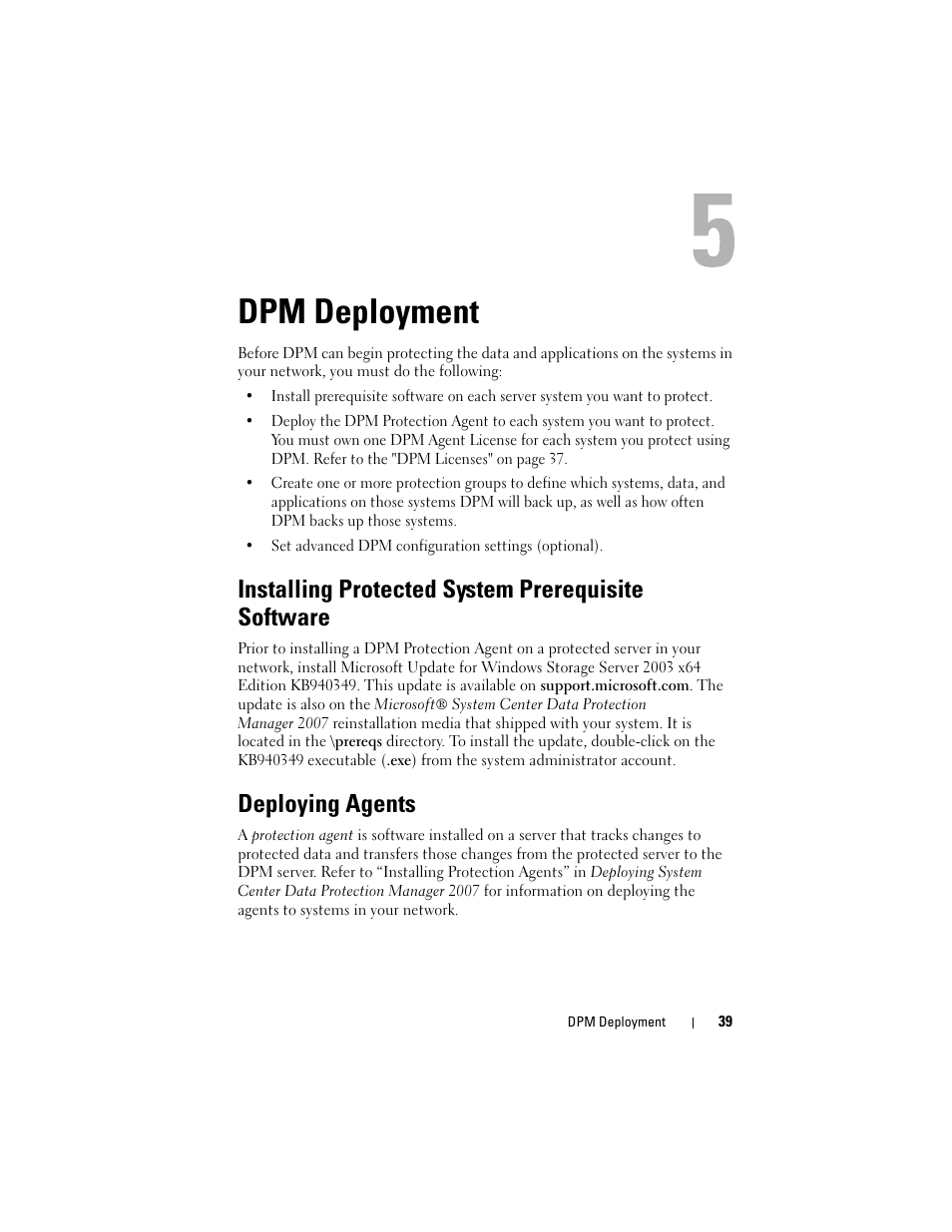 Dpm deployment, Installing protected system prerequisite software, Deploying agents | Dell PowerVault DP600 User Manual | Page 39 / 52