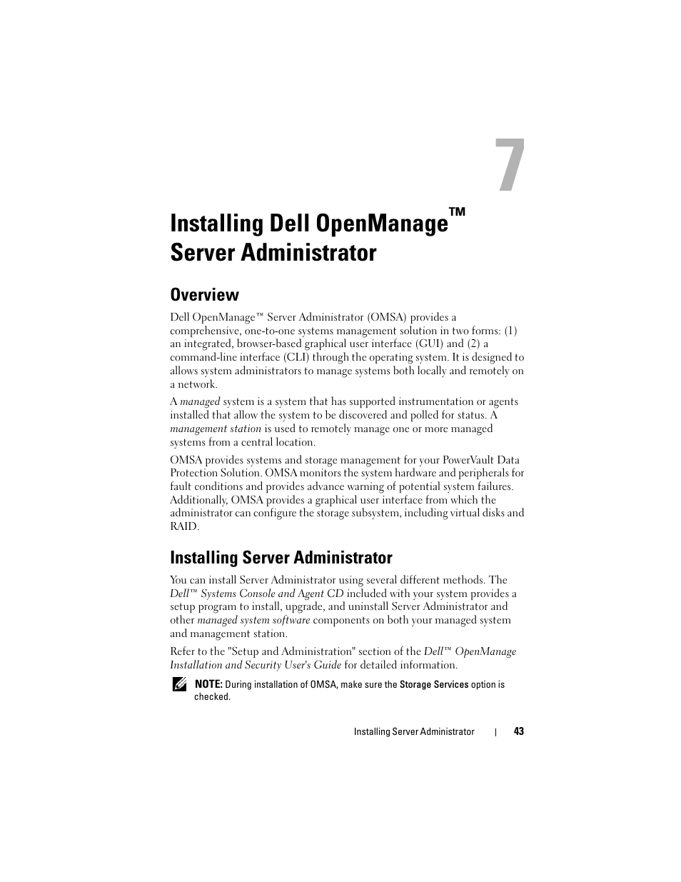 Installing dell openmanage, Server administrator | Dell PowerVault DP600 User Manual | Page 43 / 52