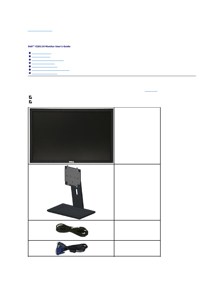 About your monitor, Package contents | Dell E2011H Monitor User Manual | Page 2 / 32