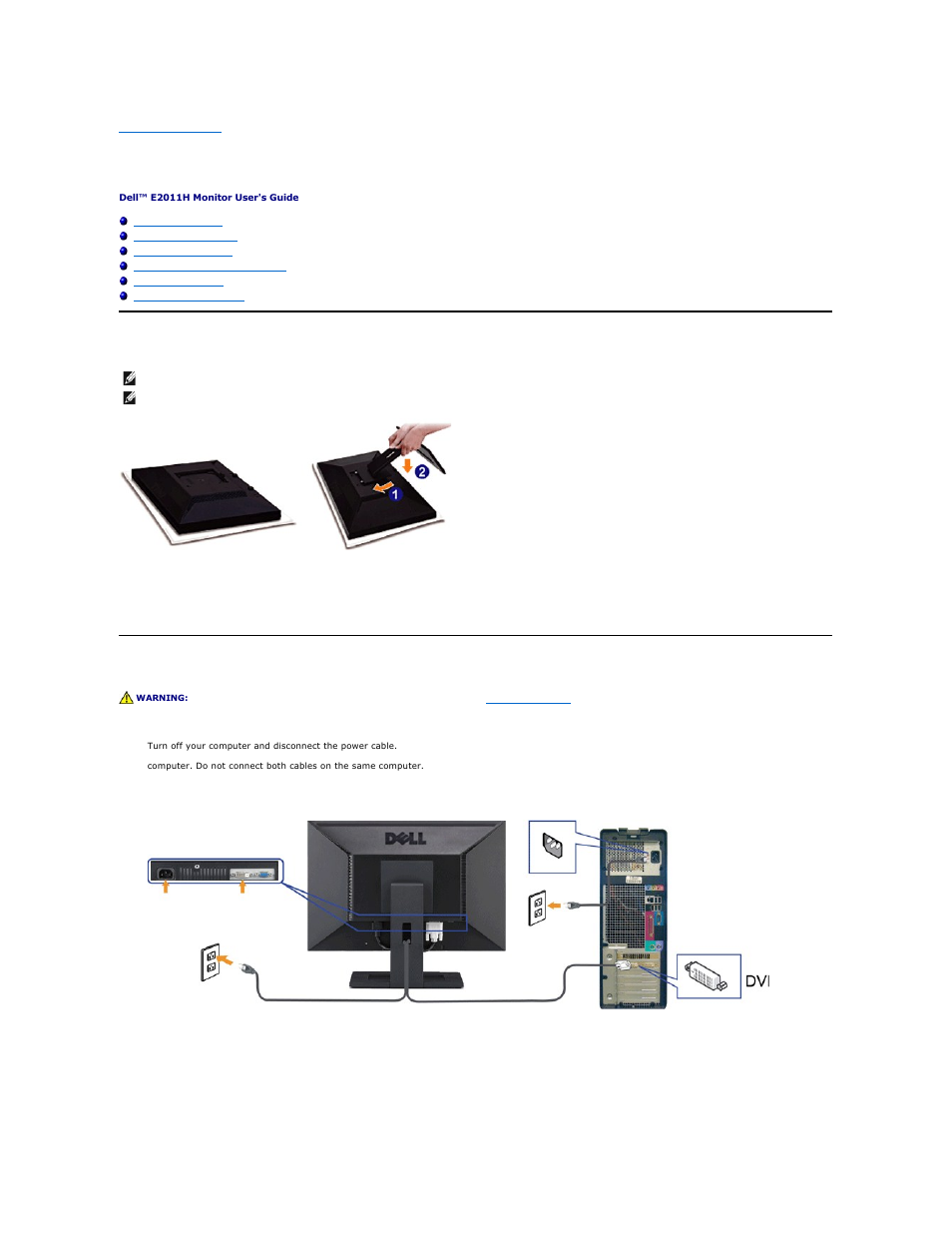 Setting up the monitor, Attaching the stand, Connecting your monitor | Dell E2011H Monitor User Manual | Page 26 / 32