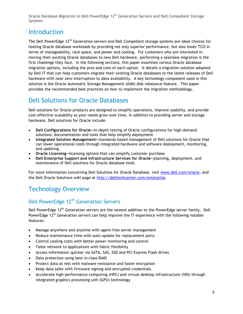 Introduction, Dell solutions for oracle databases, Technology overview | Dell poweredge 12th generation servers, Dell poweredge 12, Generation servers | Dell PowerEdge T110 II User Manual | Page 5 / 23