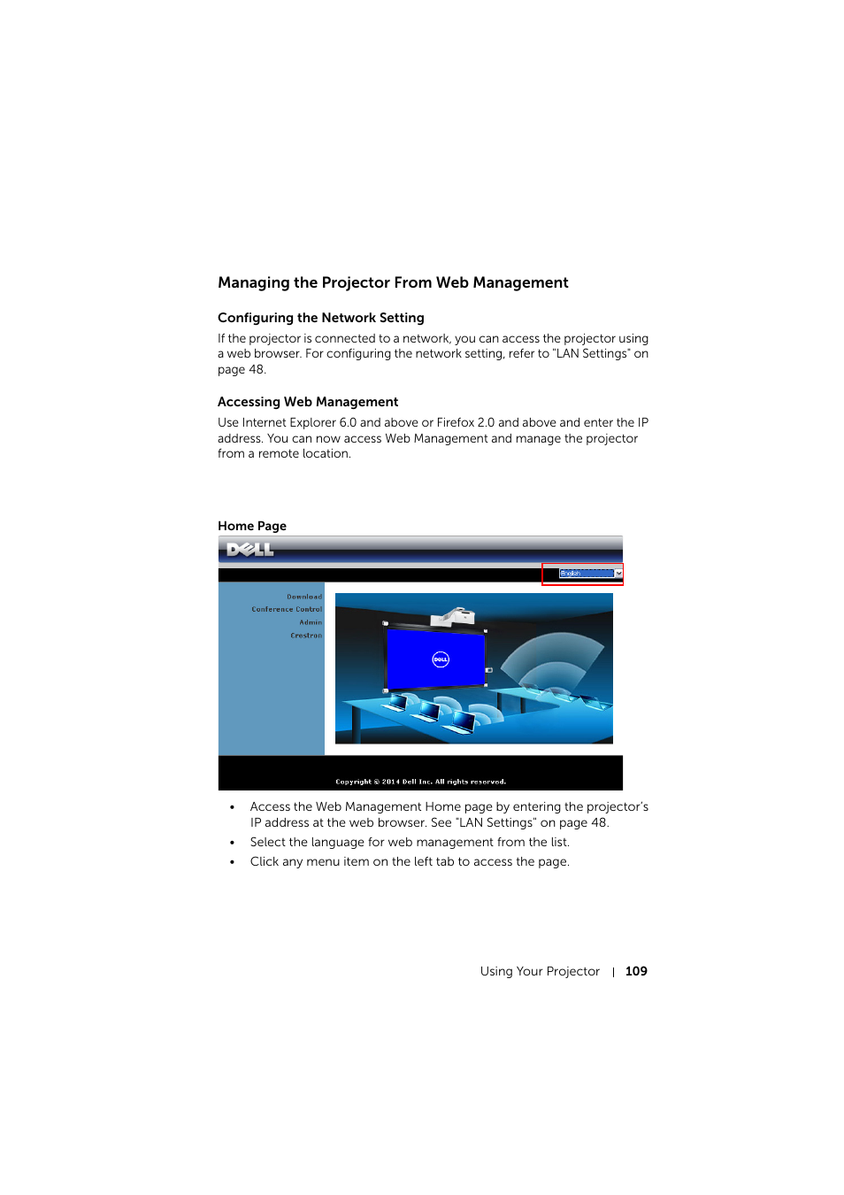 Managing the projector from web management, Configuring the network setting, Accessing web management | Dell S510 Interactive Projector User Manual | Page 109 / 154