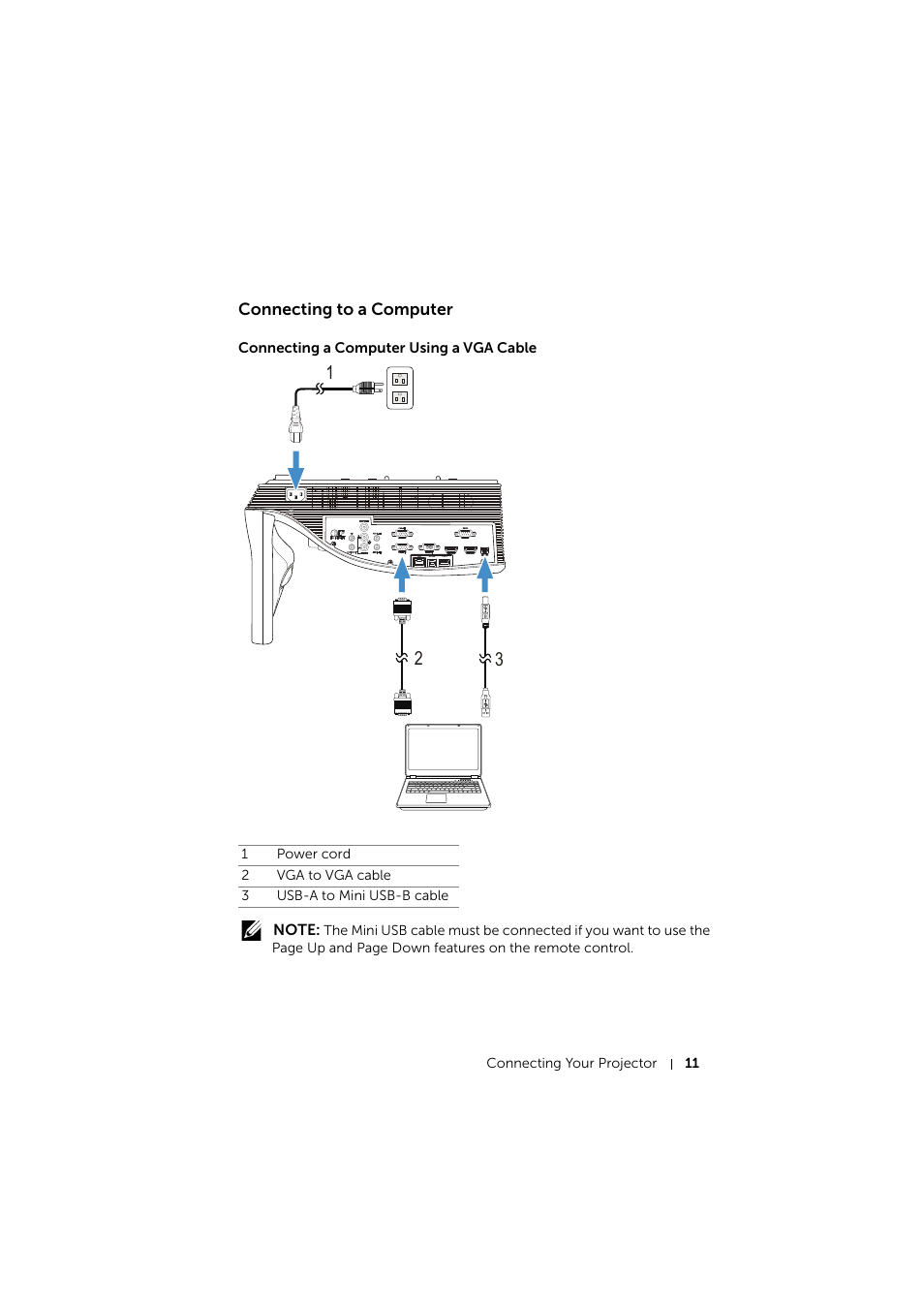 Connecting to a computer, Connecting a computer using a vga cable | Dell S510 Interactive Projector User Manual | Page 11 / 154