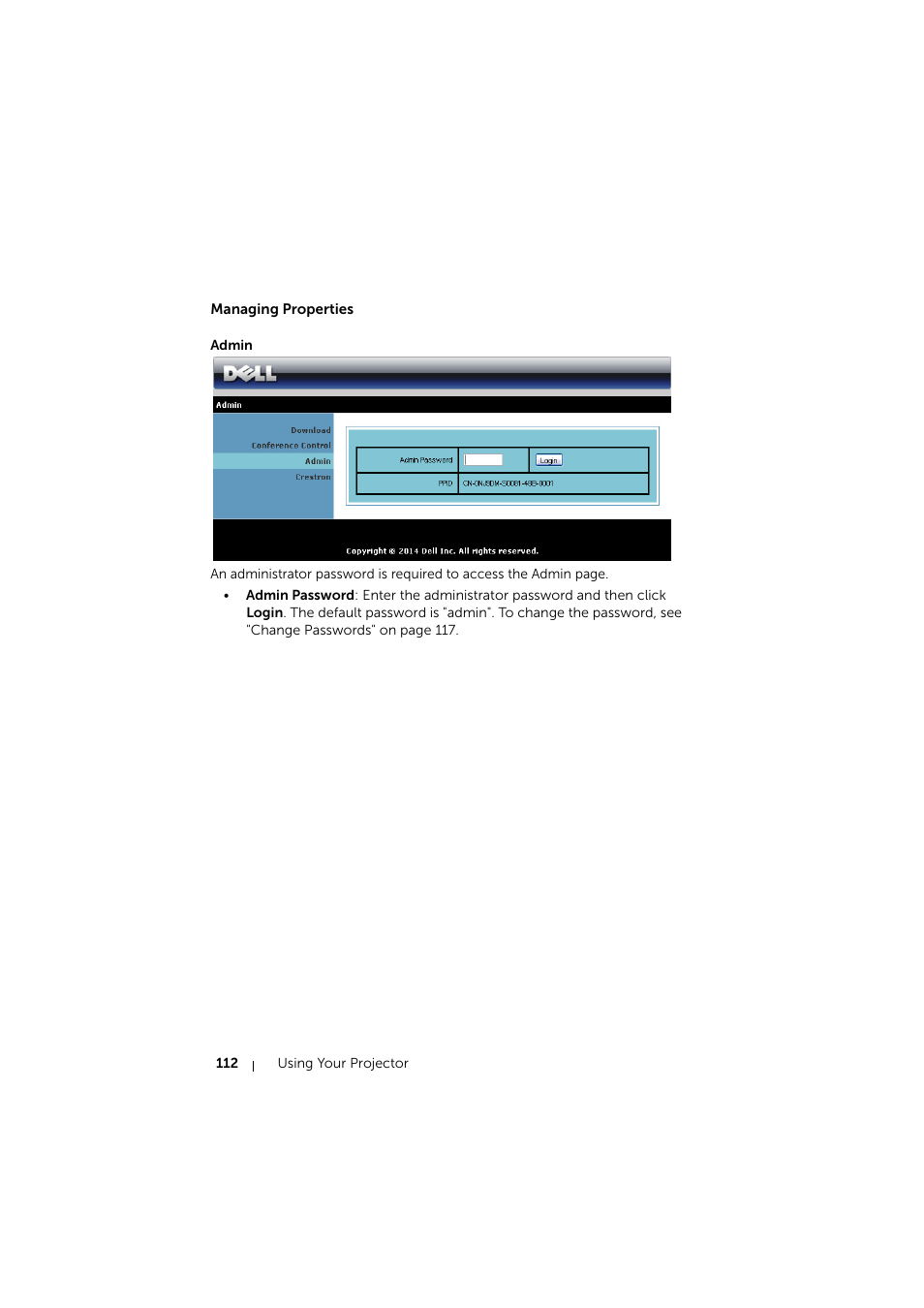 Managing properties, Admin | Dell S510 Interactive Projector User Manual | Page 112 / 154