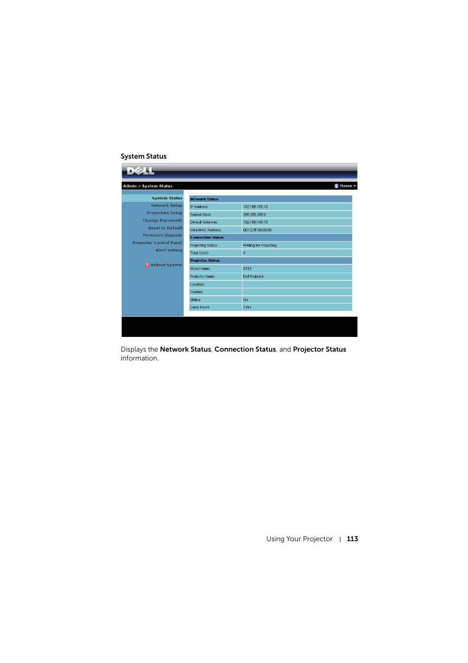 System status | Dell S510 Interactive Projector User Manual | Page 113 / 154