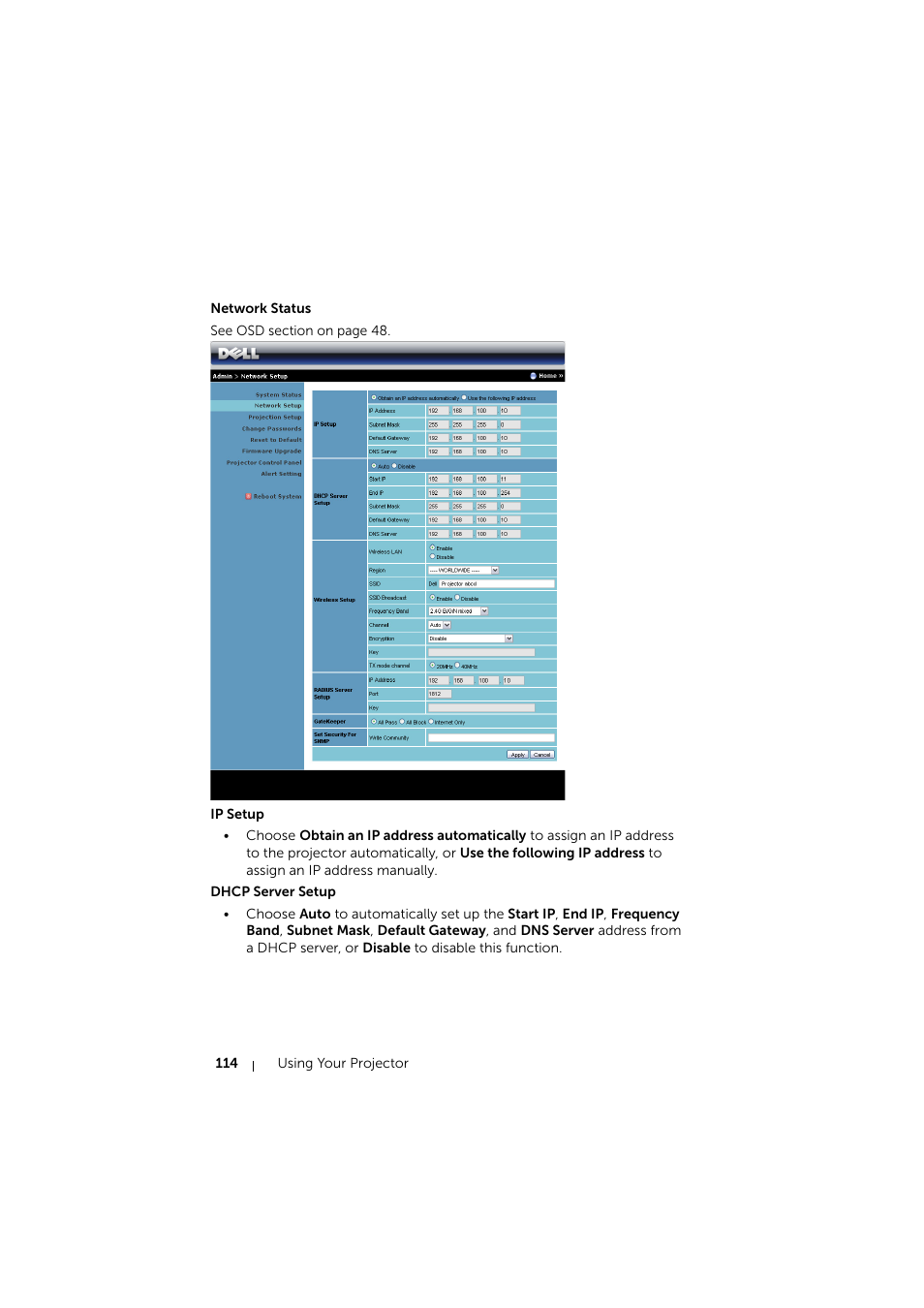 Network status | Dell S510 Interactive Projector User Manual | Page 114 / 154