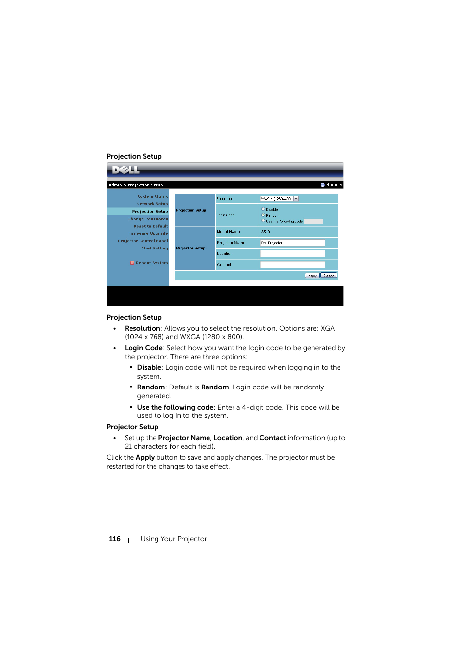 Projection setup | Dell S510 Interactive Projector User Manual | Page 116 / 154