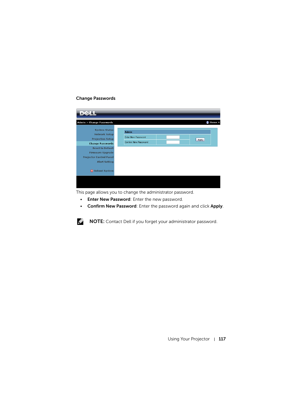 Change passwords | Dell S510 Interactive Projector User Manual | Page 117 / 154