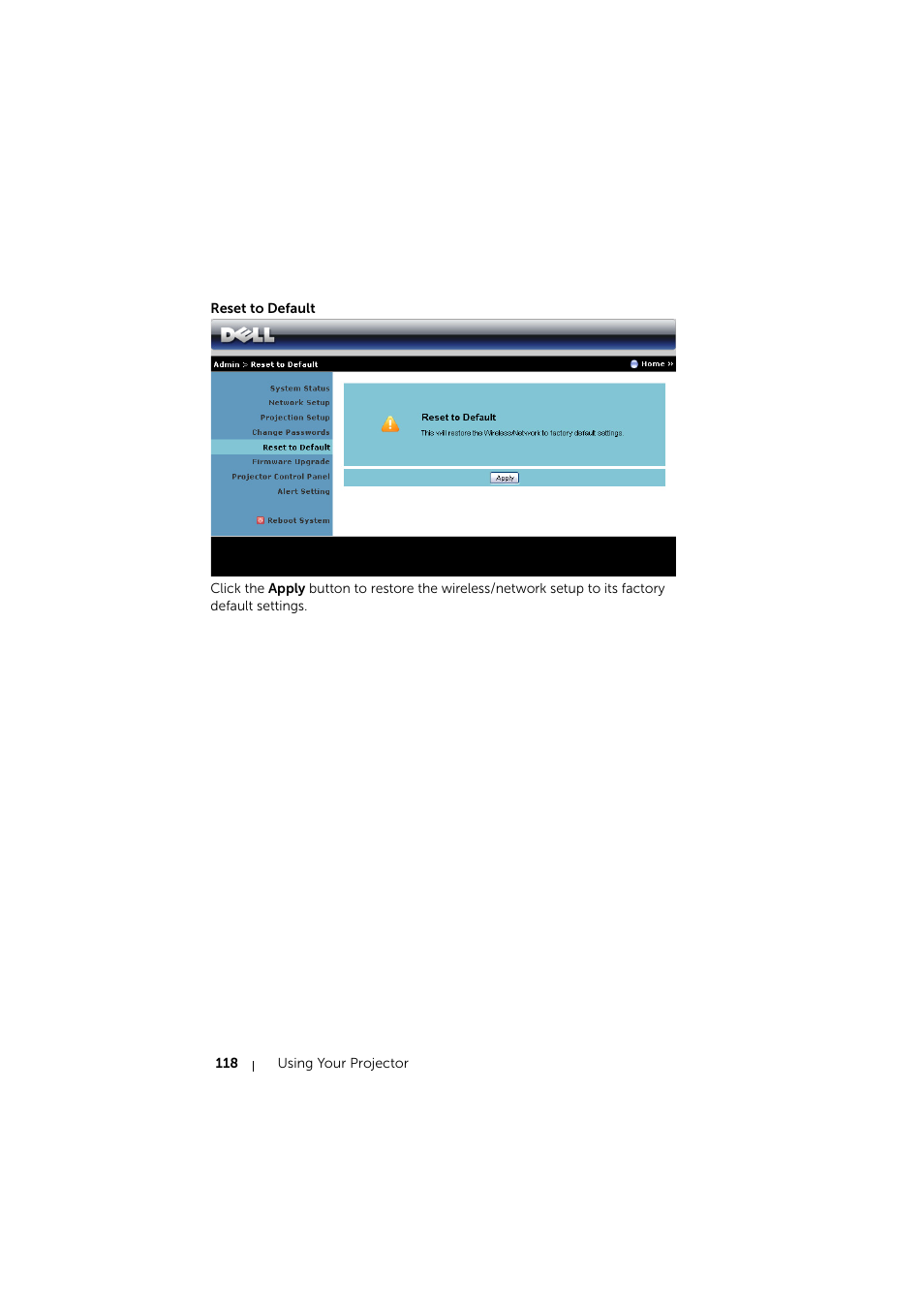 Reset to default | Dell S510 Interactive Projector User Manual | Page 118 / 154