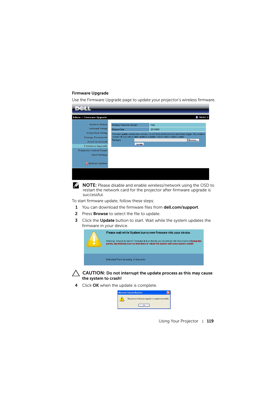 Firmware upgrade | Dell S510 Interactive Projector User Manual | Page 119 / 154