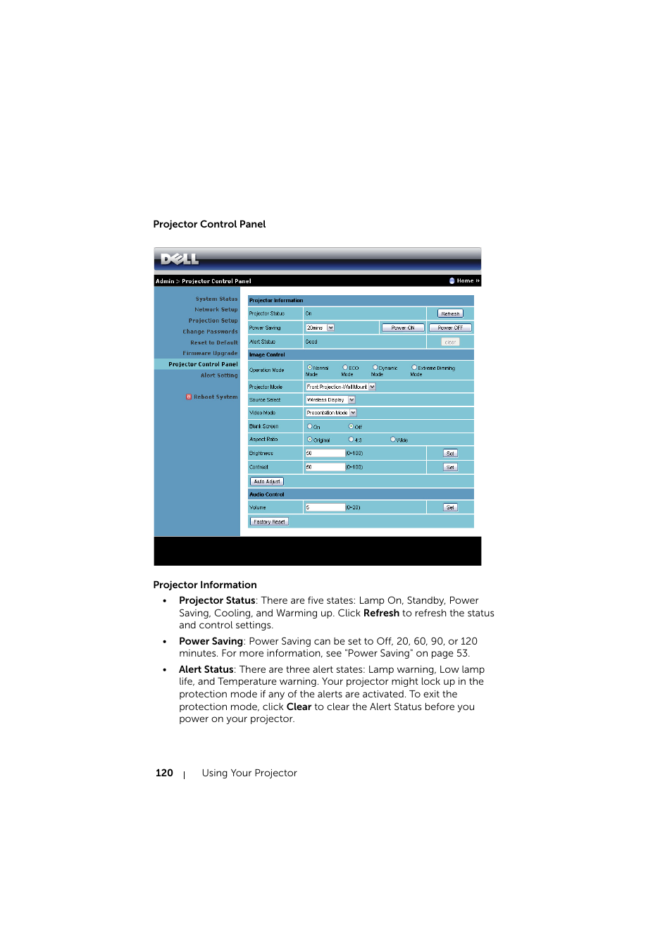 Projector control panel | Dell S510 Interactive Projector User Manual | Page 120 / 154