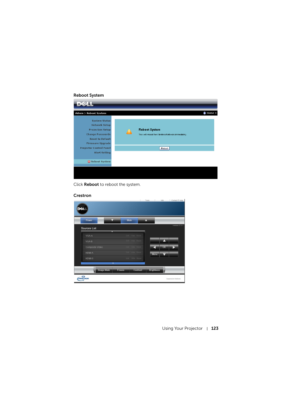 Reboot system, Crestron | Dell S510 Interactive Projector User Manual | Page 123 / 154