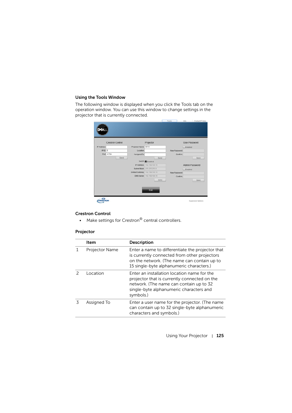 Using the tools window, Crestron control, Projector | Dell S510 Interactive Projector User Manual | Page 125 / 154