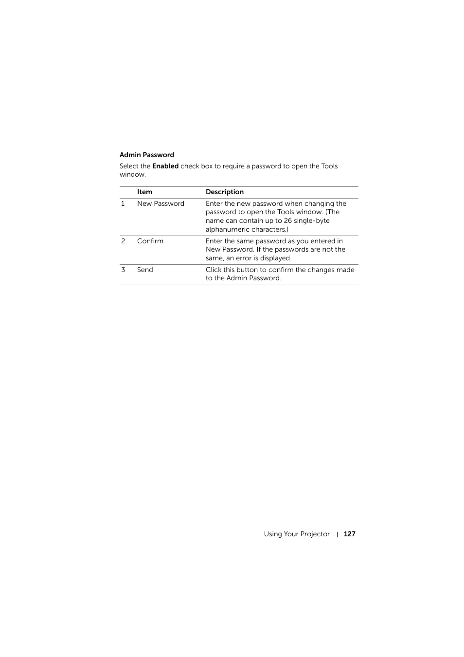 Admin password | Dell S510 Interactive Projector User Manual | Page 127 / 154