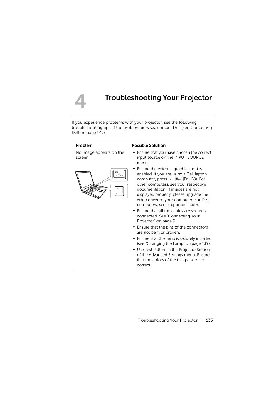 Troubleshooting your projector | Dell S510 Interactive Projector User Manual | Page 133 / 154