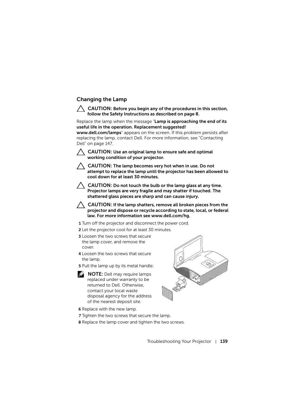 Changing the lamp | Dell S510 Interactive Projector User Manual | Page 139 / 154