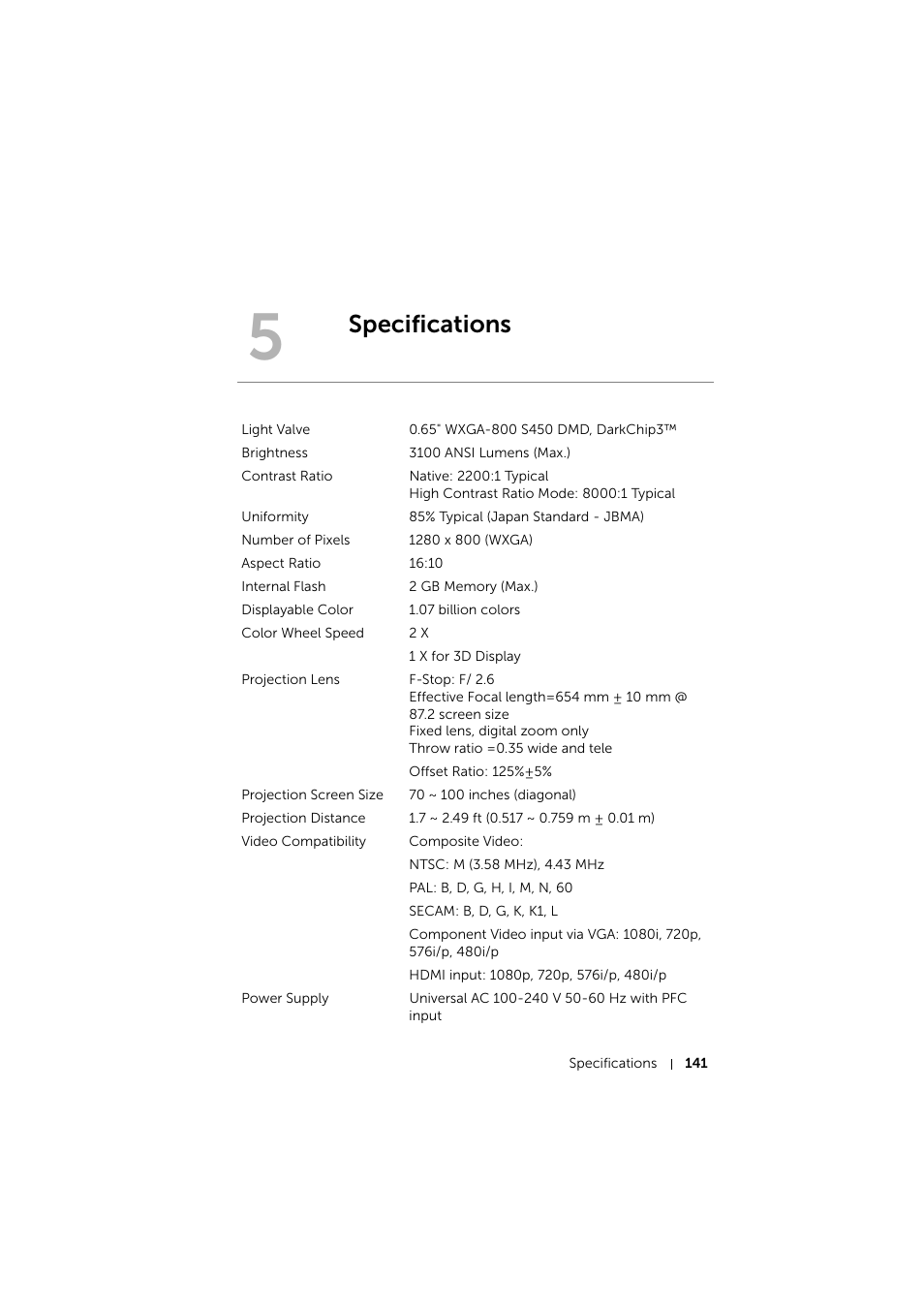 Specifications | Dell S510 Interactive Projector User Manual | Page 141 / 154