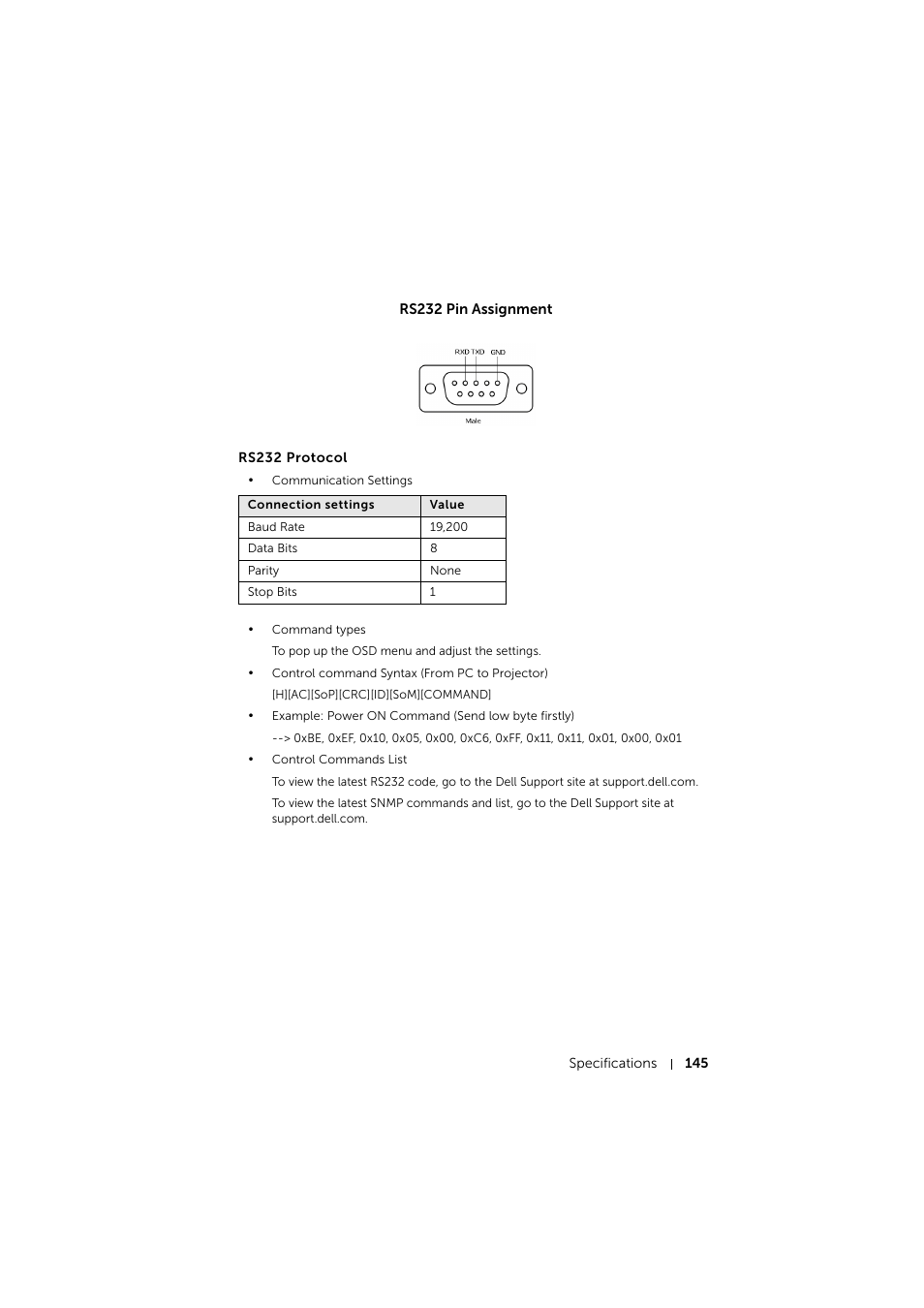 Rs232 pin assignment, Rs232 protocol | Dell S510 Interactive Projector User Manual | Page 145 / 154