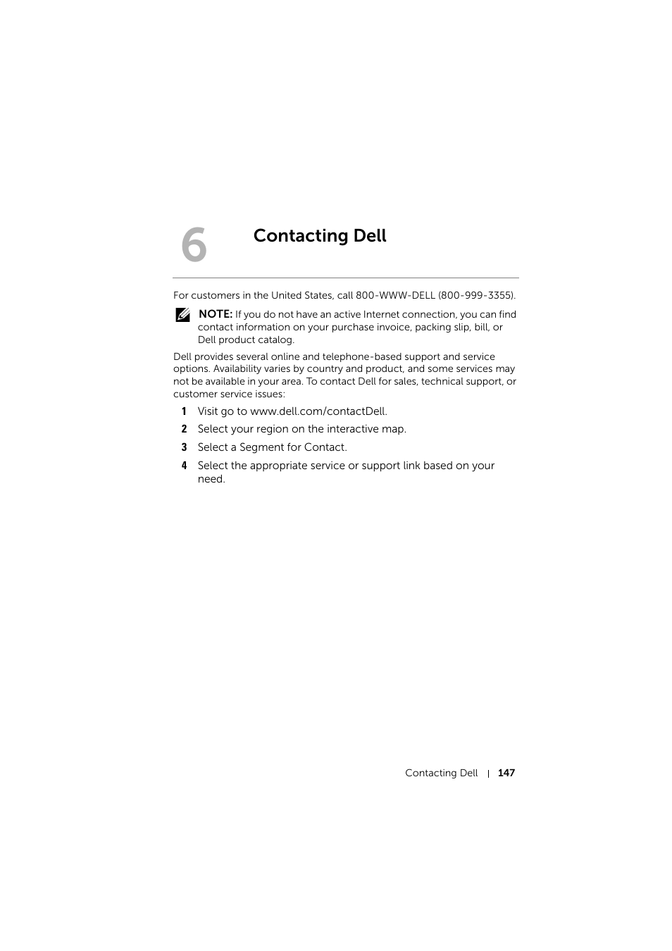 Contacting dell | Dell S510 Interactive Projector User Manual | Page 147 / 154